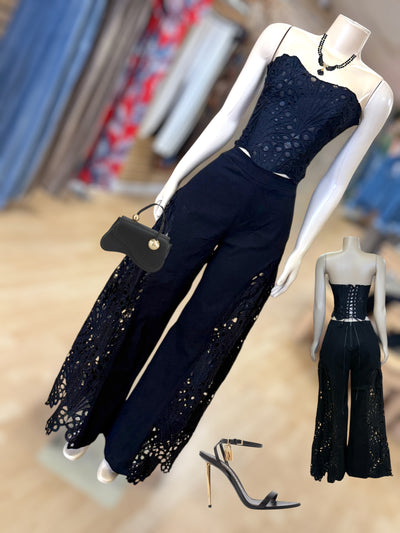 Lace Cut-out Top And Pant Two Piece Set ( Black)