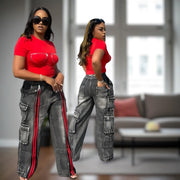 Red and Black ACID WASH CARGO JEANS WITH ZIPPER