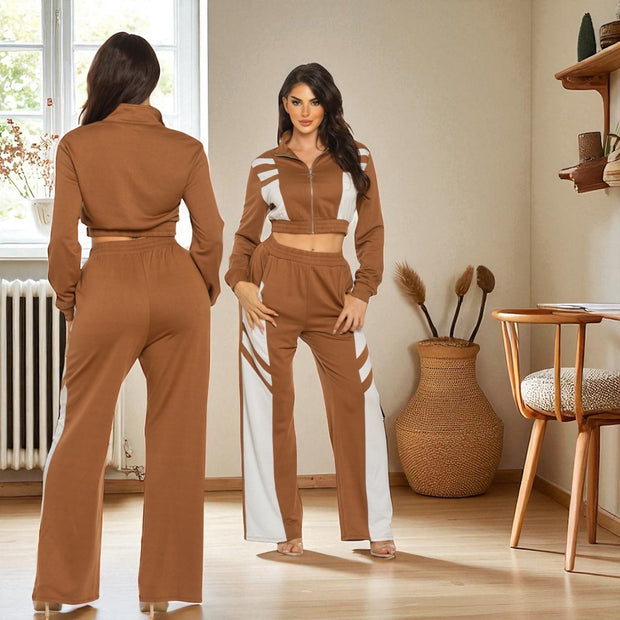 Cotton Zip up Jacket and Matching Pants Set (Tan and White)