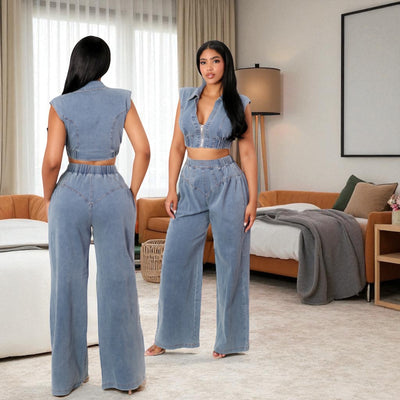 A Zip Up Crop Denim Top And Wide Leg Denim set