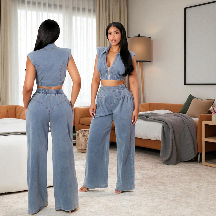A Zip Up Crop Denim Top And Wide Leg Denim set