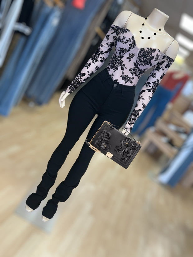 Floral Pattern Off Shoulder Mesh Bodysuit ( Tan)