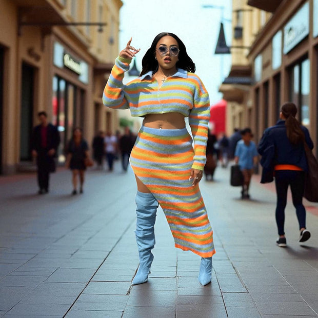Fuzzy Striped Knit Two-piece Set