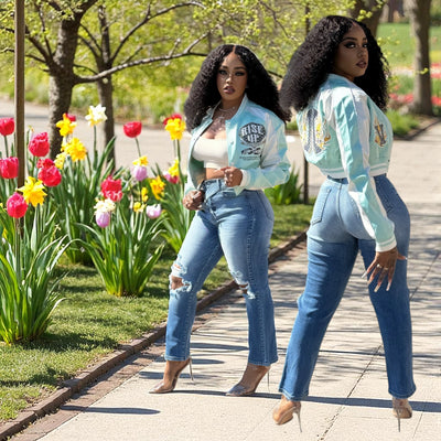 Stand Up and Make A Statement Varsity Cropped Soft Satin Jacket ( Light Blue)