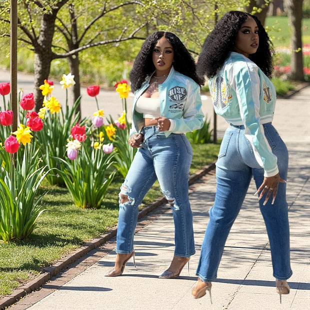 Stand Up and Make A Statement Varsity Cropped Soft Satin Jacket ( Light Blue)
