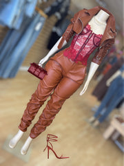 Button Faux leather Gather Leg Pants