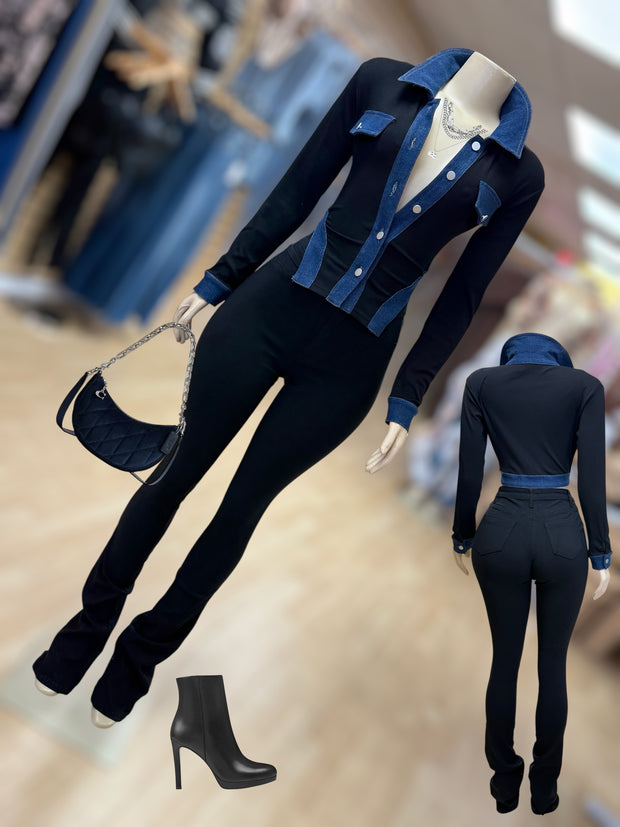 Black with Denim Button View Top