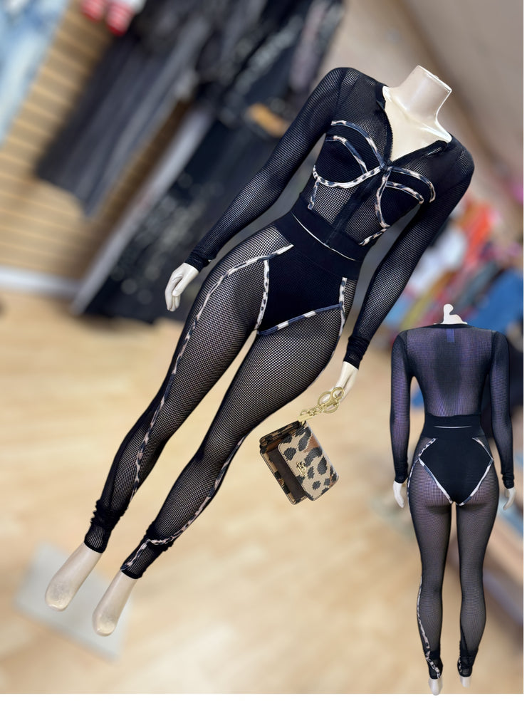 Net with Leopard Zipper Top and Leggings Print Detail Set