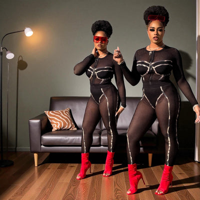 Net with Leopard Zipper Top and Leggings Print Detail Set