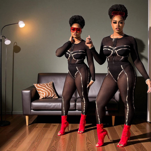 Net with Leopard Zipper Top and Leggings Print Detail Set