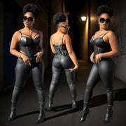 Faux Leather Pants Back Pocket ( Black)