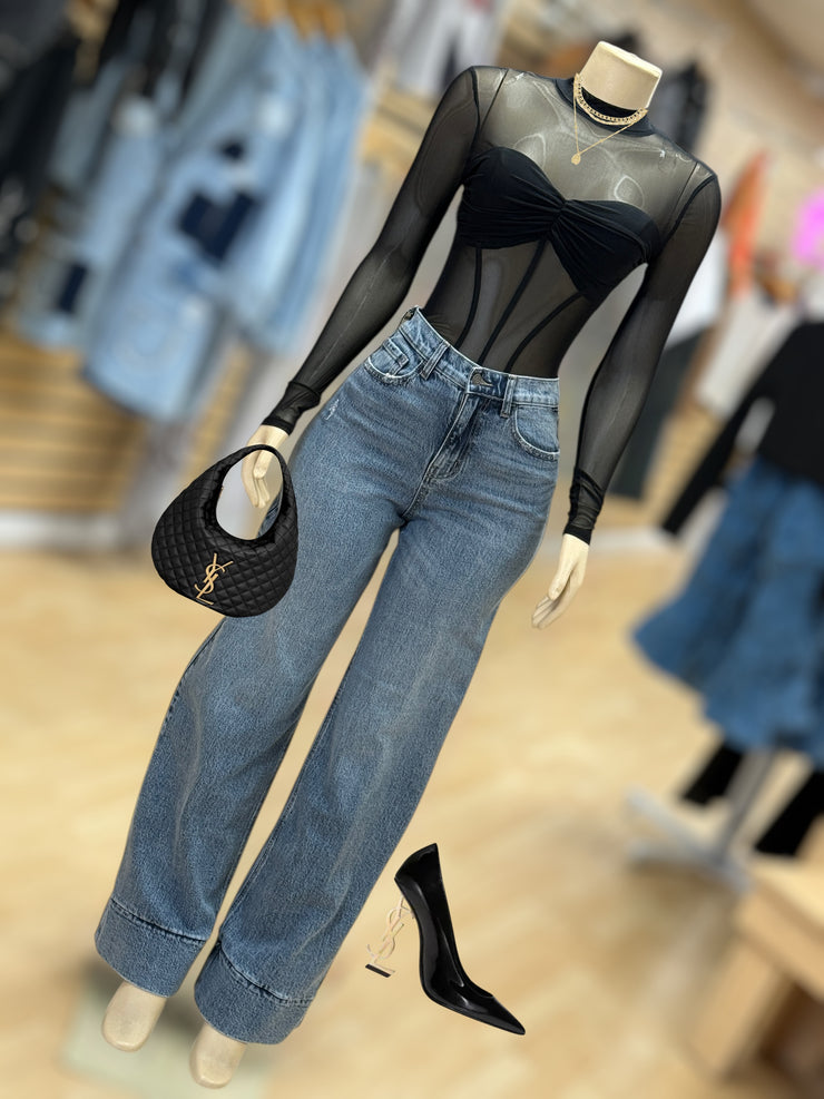 Black Sheer With Black Bra Cover Bodysuit