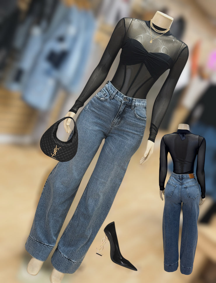 Black Sheer With Black Bra Cover Bodysuit