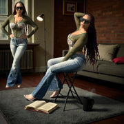 Mesh With Flower Detail Long Sleeve Corset TOP (Olive)