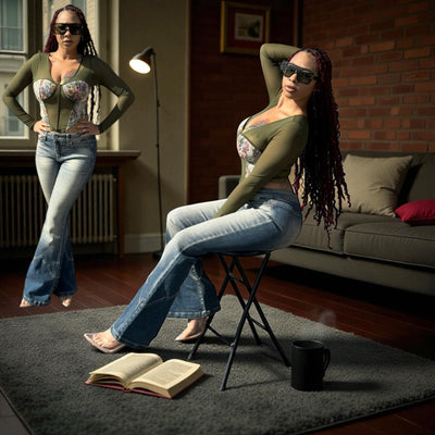 Mesh With Flower Detail Long Sleeve Corset TOP (Olive)