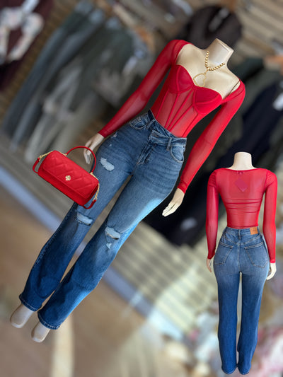 Straight Leg Side Button With Knee Stress Jeans