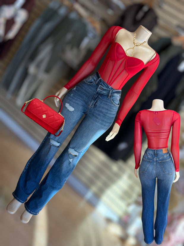 Straight Leg Side Button With Knee Stress Jeans