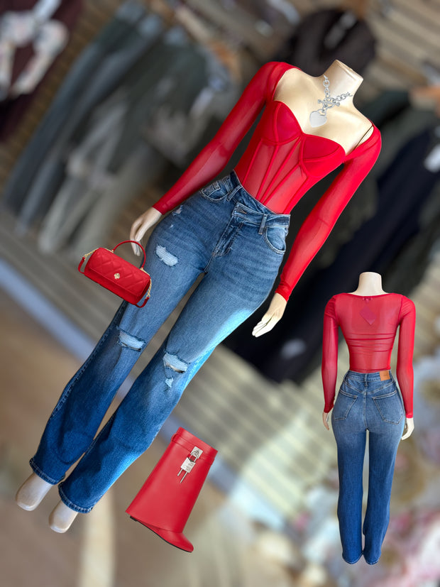 Red Long Sleeve Mesh Detail Top