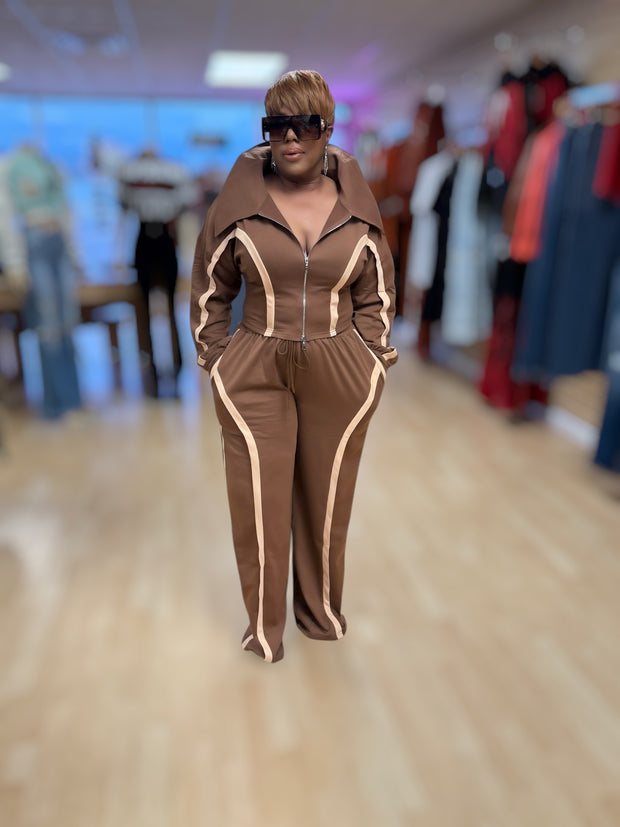 Tan and White Straight Pants Set