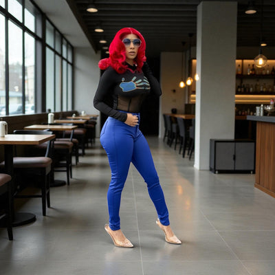 Faux Leather Pants Back Pocket (Blue)