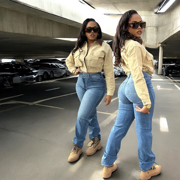 Cropped Utility Jacket With Contrast Collar( Tan)