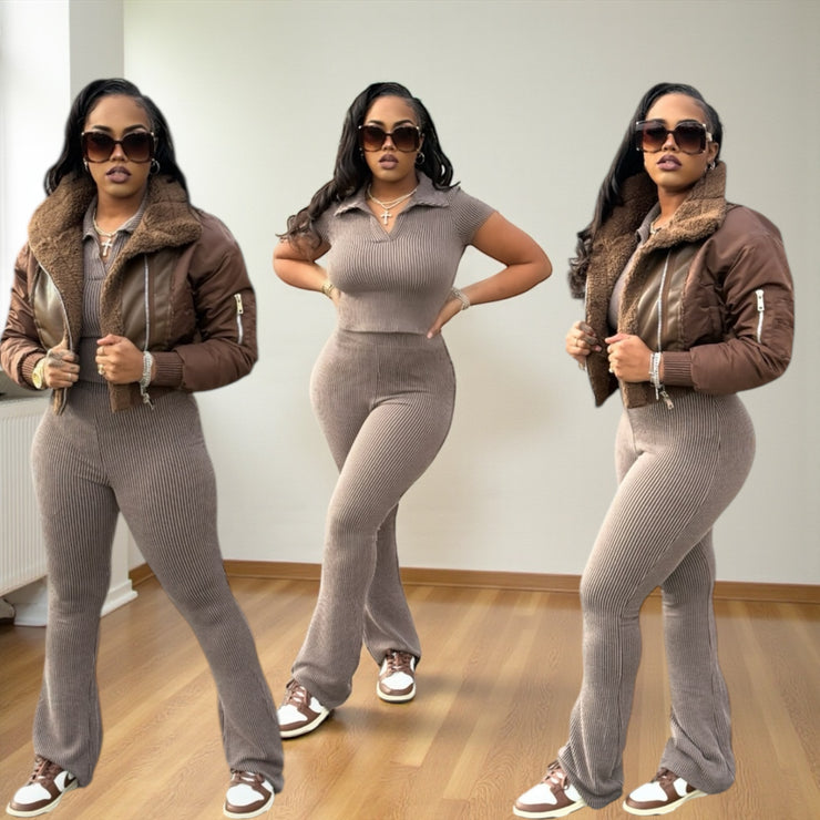 Cotton Soft Collar Pants Set ( Brown)