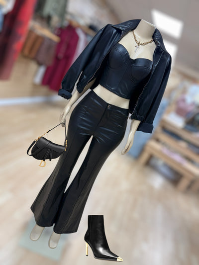 Flare Faux Leather Pants With Gold Button