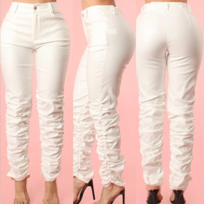 Light Weight Faux Material  Stack Pants (White)