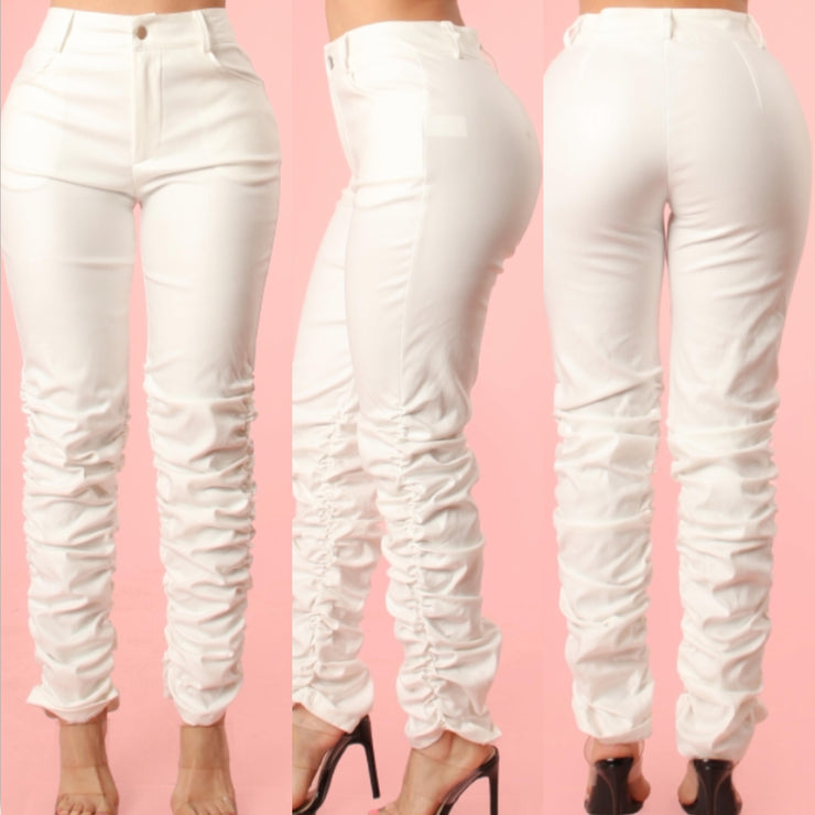 Light Weight Faux Material  Stack Pants (White)