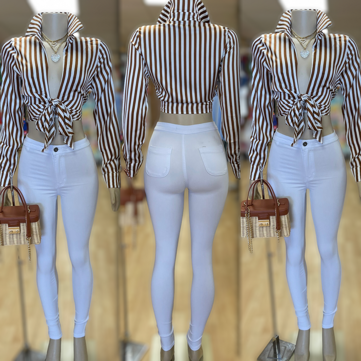 Brown and White Classy Striped Bow Blouse