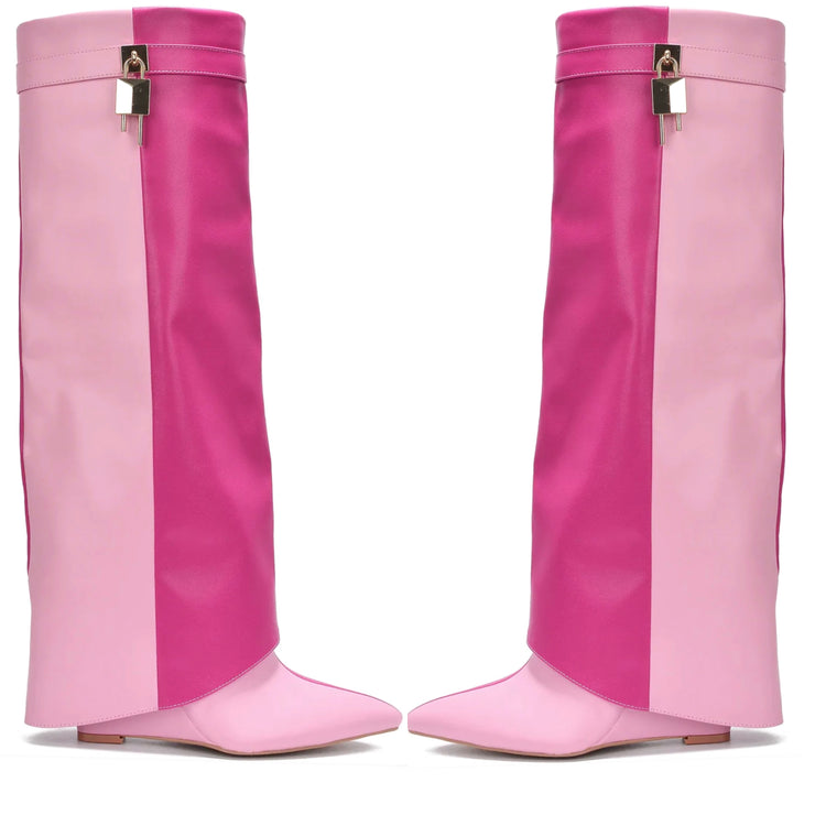 Two Tone Lock and Pull Up Boots ( Pink)