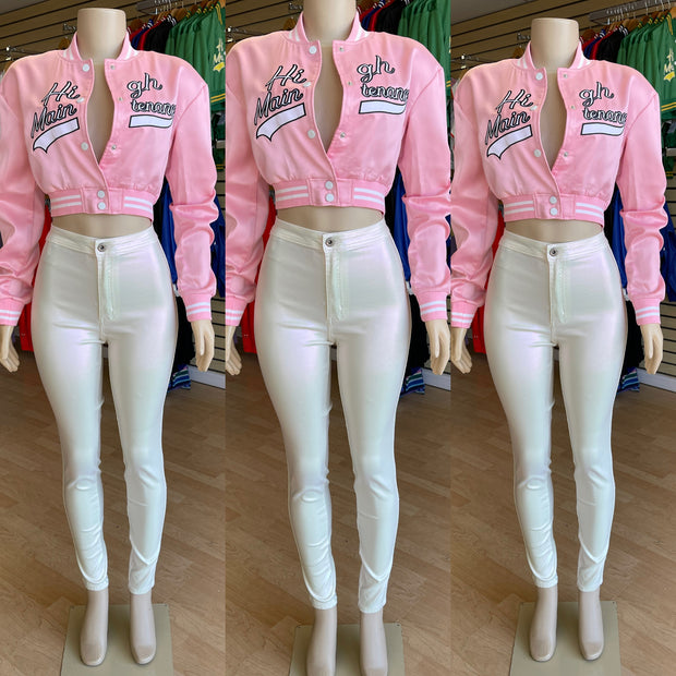 I’m High Maintenance Satin Crop Jacket ( Pink and White)