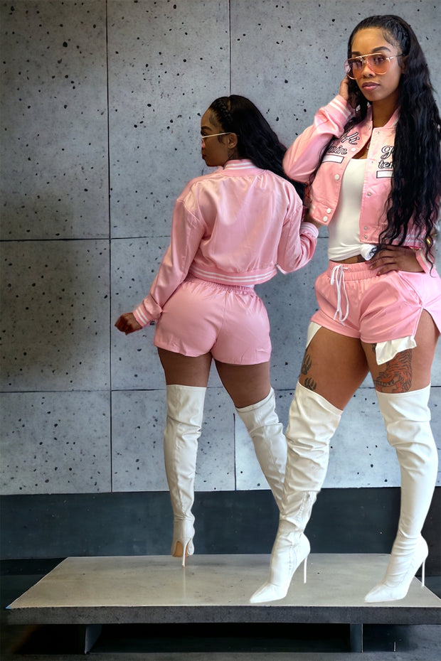 Faux Leather Jogger With White Shorts (Pink)