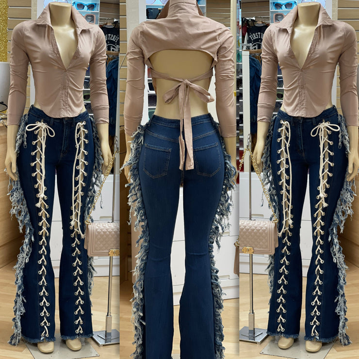 My Lace Up and Fringe Jeans ( Mid Wash)