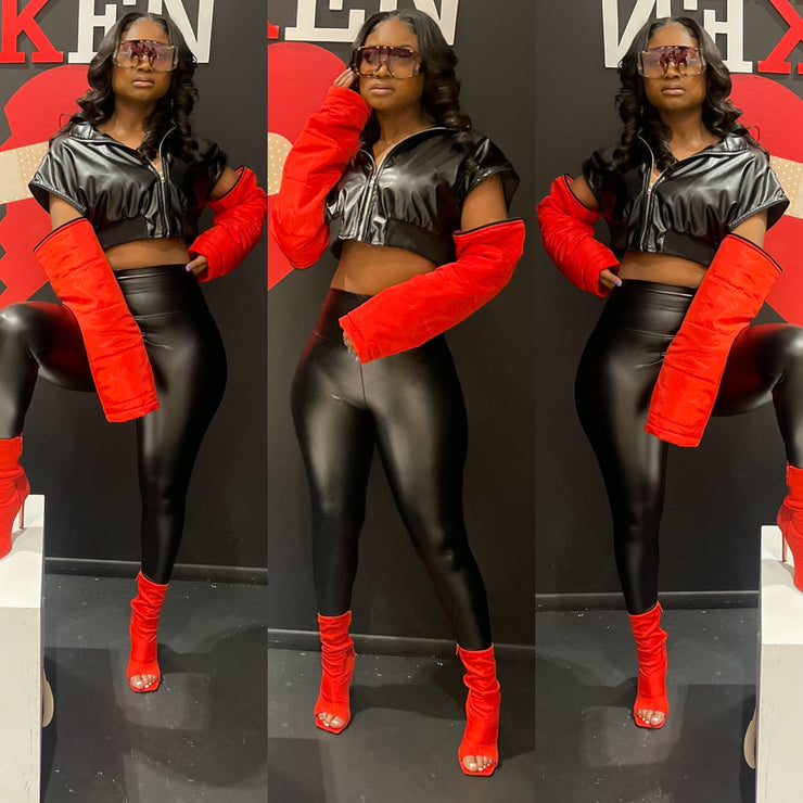 Long Red Arms and Black Faux Leather Crop Jacket