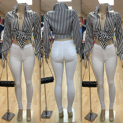 Black and White Classy Striped Bow Blouse