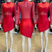 Solid & Mesh Diagonal Fire Red Dress