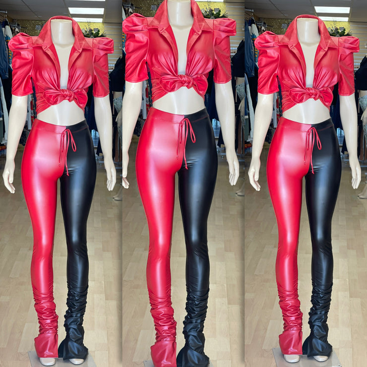 Two Shades Fringe Faux Leather Leggings ( Red and Black)