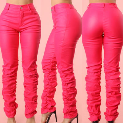 Light Weight Faux Material  Stack Pants (Pink)