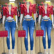 Amazing Button Faux Leather Top (Red)