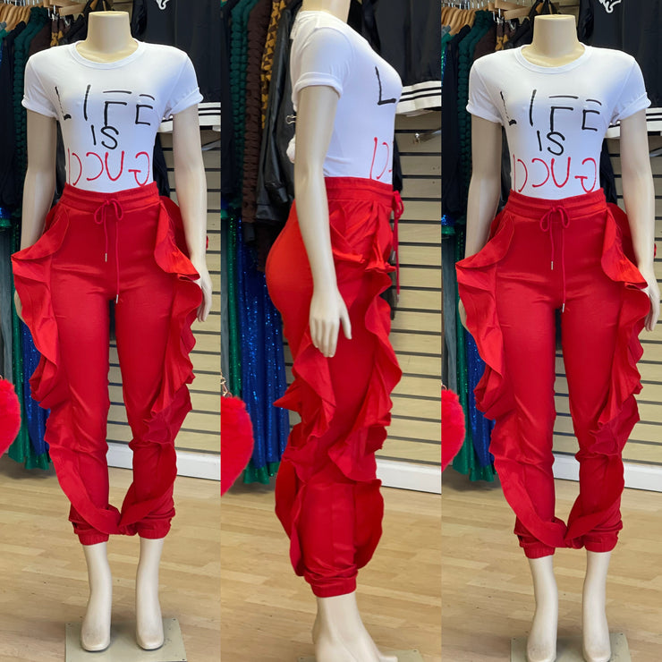 It’s The Extra Extra Ruffle Joggers ( Red)