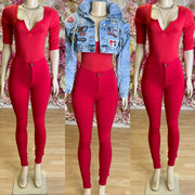 Long Sleeve Chill and Cute “v” Bodysuit ( Red)