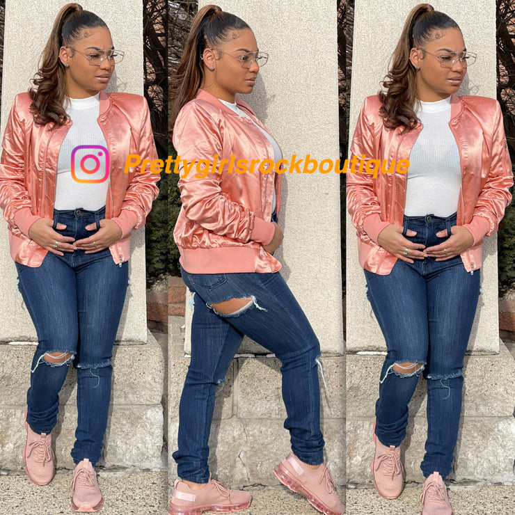 Gather Arms Satin Baseball Bomber ( Soft Pink)