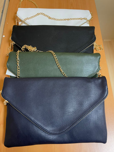 Gold Zipper Envelope Clutch ( White Black Olive Navy)