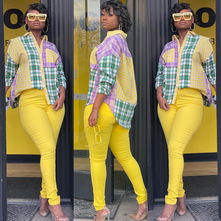 Prefect Many Ways Button Plaid Top (Yellow)