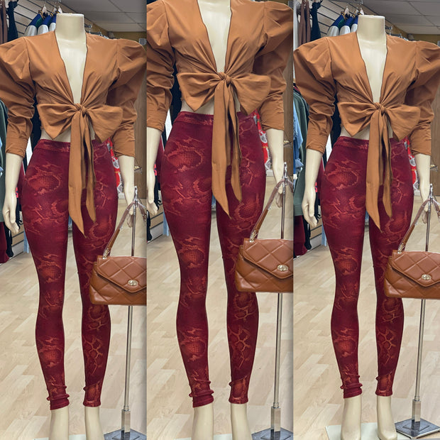 Faux Leather Design Twist Pants ( Red)