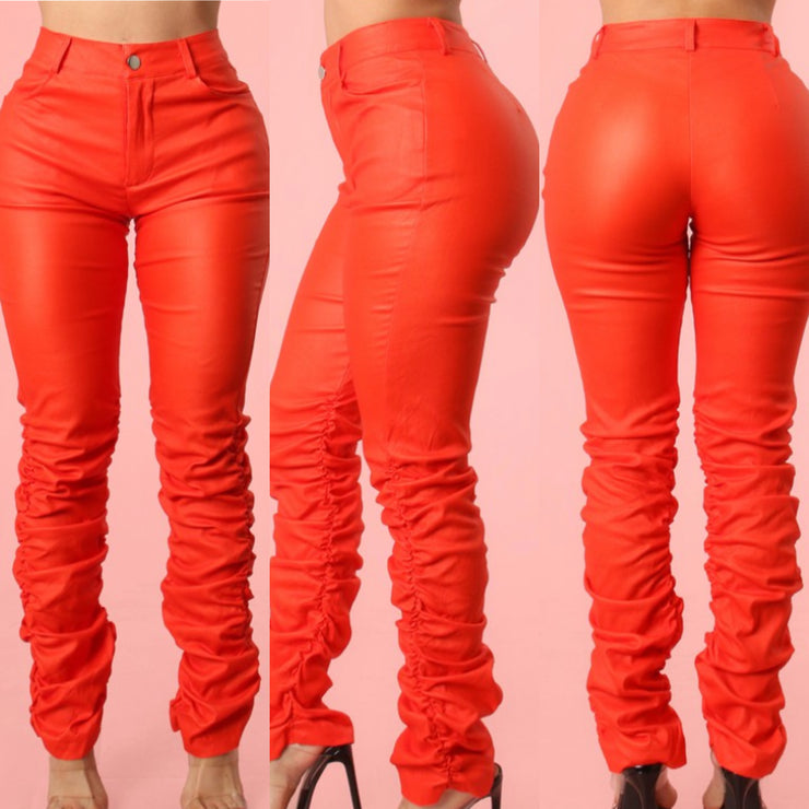 Light Weight Faux Material  Stack Pants (Orange)