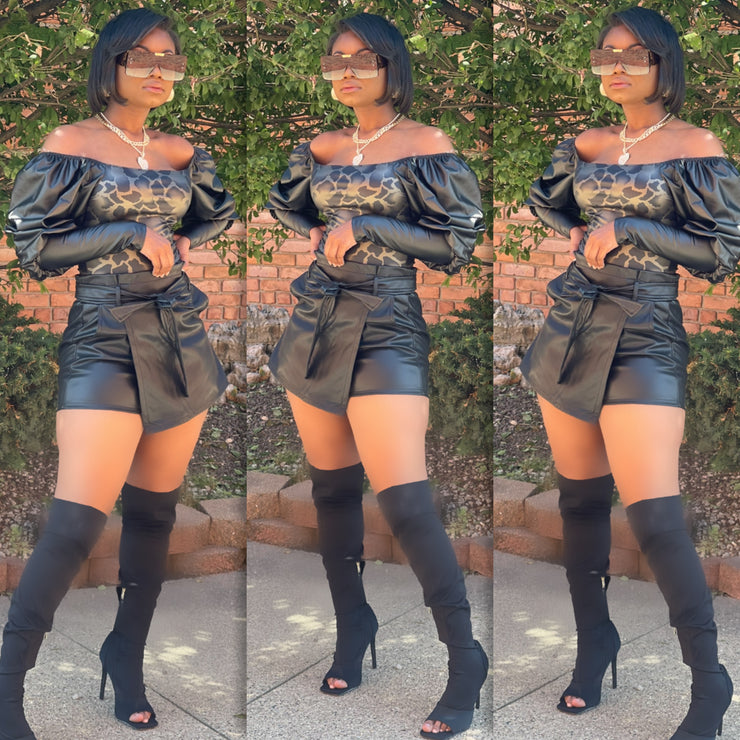 Belted Faux Leather Skirt and Shorts ( Black)