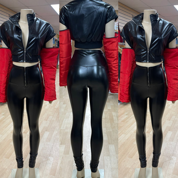 Long Red Arms and Black Faux Leather Crop Jacket