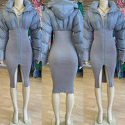 Puff With Hoodie Zip Up Fitted Dress (Grey)